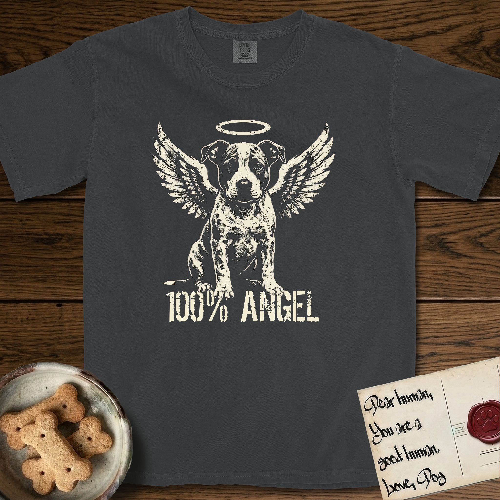 Pitbull T-Shirt flat lay in Graphite, featuring Distressed cream one-color screen-print of a Pitbull puppy as an angel, feathered wings spread and a halo above, sitting front-on, with 100% ANGEL lettering across the bottom.