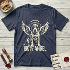 Pitbull T-Shirt flat lay in Heather Navy, featuring Distressed cream one-color screen-print of a Pitbull puppy as an angel, feathered wings spread and a halo above, sitting front-on, with 100% ANGEL lettering across the bottom.