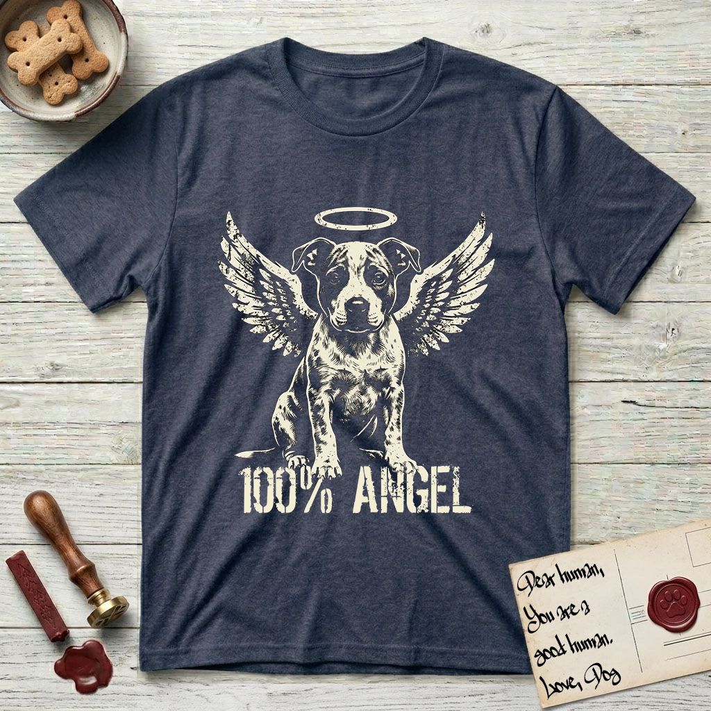 Pitbull T-Shirt flat lay in Heather Navy, featuring Distressed cream one-color screen-print of a Pitbull puppy as an angel, feathered wings spread and a halo above, sitting front-on, with 100% ANGEL lettering across the bottom.