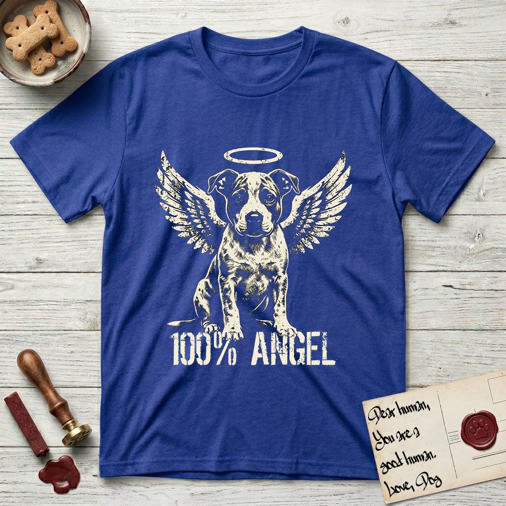 Pitbull T-Shirt flat lay in Heather Royal, featuring Distressed cream one-color screen-print of a Pitbull puppy as an angel, feathered wings spread and a halo above, sitting front-on, with 100% ANGEL lettering across the bottom.