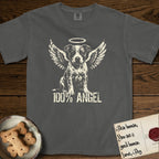 Pitbull T-Shirt flat lay in Pepper, featuring Distressed cream one-color screen-print of a Pitbull puppy as an angel, feathered wings spread and a halo above, sitting front-on, with 100% ANGEL lettering across the bottom.