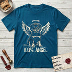 Rottweiler T-Shirt flat lay in Antique Sapphire, featuring Distressed cream one-color screen-print of a Rottweiler puppy as an angel, sitting square and sturdy, wings spread and a halo above, with 100% ANGEL lettering across the bottom.