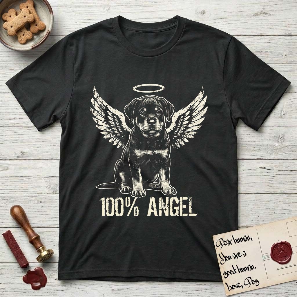 Rottweiler T-Shirt flat lay in Black, featuring Distressed cream one-color screen-print of a Rottweiler puppy as an angel, sitting square and sturdy, wings spread and a halo above, with 100% ANGEL lettering across the bottom.