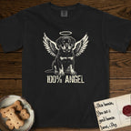 Rottweiler T-Shirt flat lay in Black, featuring Distressed cream one-color screen-print of a Rottweiler puppy as an angel, sitting square and sturdy, wings spread and a halo above, with 100% ANGEL lettering across the bottom.