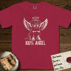 Rottweiler T-Shirt flat lay in Chili, featuring Distressed cream one-color screen-print of a Rottweiler puppy as an angel, sitting square and sturdy, wings spread and a halo above, with 100% ANGEL lettering across the bottom.