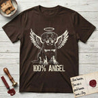 Rottweiler T-Shirt flat lay in Dark Chocolate, featuring Distressed cream one-color screen-print of a Rottweiler puppy as an angel, sitting square and sturdy, wings spread and a halo above, with 100% ANGEL lettering across the bottom.