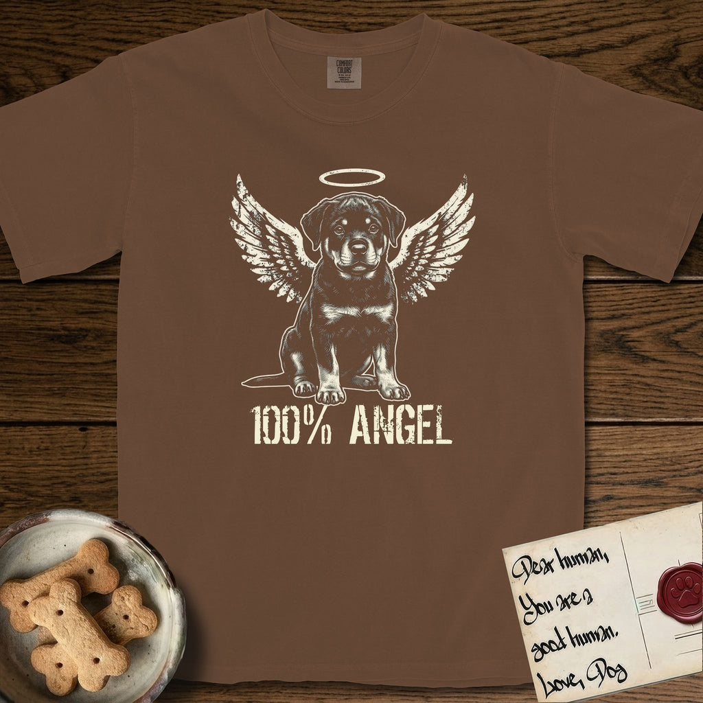 Rottweiler T-Shirt flat lay in Espresso, featuring Distressed cream one-color screen-print of a Rottweiler puppy as an angel, sitting square and sturdy, wings spread and a halo above, with 100% ANGEL lettering across the bottom.