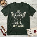 Rottweiler T-Shirt flat lay in Forest Green, featuring Distressed cream one-color screen-print of a Rottweiler puppy as an angel, sitting square and sturdy, wings spread and a halo above, with 100% ANGEL lettering across the bottom.