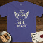 Rottweiler T-Shirt flat lay in Grape, featuring Distressed cream one-color screen-print of a Rottweiler puppy as an angel, sitting square and sturdy, wings spread and a halo above, with 100% ANGEL lettering across the bottom.