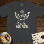 Rottweiler T-Shirt flat lay in Graphite, featuring Distressed cream one-color screen-print of a Rottweiler puppy as an angel, sitting square and sturdy, wings spread and a halo above, with 100% ANGEL lettering across the bottom.