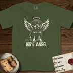 Rottweiler T-Shirt flat lay in Hemp, featuring Distressed cream one-color screen-print of a Rottweiler puppy as an angel, sitting square and sturdy, wings spread and a halo above, with 100% ANGEL lettering across the bottom.