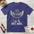 Rottweiler T-Shirt flat lay in Metro Blue, featuring Distressed cream one-color screen-print of a Rottweiler puppy as an angel, sitting square and sturdy, wings spread and a halo above, with 100% ANGEL lettering across the bottom.