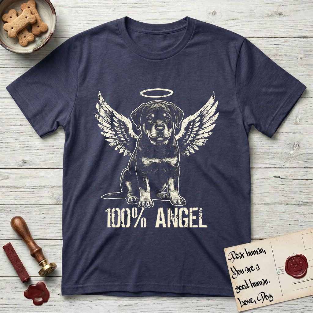 Rottweiler T-Shirt flat lay in Navy, featuring Distressed cream one-color screen-print of a Rottweiler puppy as an angel, sitting square and sturdy, wings spread and a halo above, with 100% ANGEL lettering across the bottom.