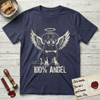 Rottweiler T-Shirt flat lay in Navy, featuring Distressed cream one-color screen-print of a Rottweiler puppy as an angel, sitting square and sturdy, wings spread and a halo above, with 100% ANGEL lettering across the bottom.