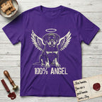 Rottweiler T-Shirt flat lay in Purple, featuring Distressed cream one-color screen-print of a Rottweiler puppy as an angel, sitting square and sturdy, wings spread and a halo above, with 100% ANGEL lettering across the bottom.