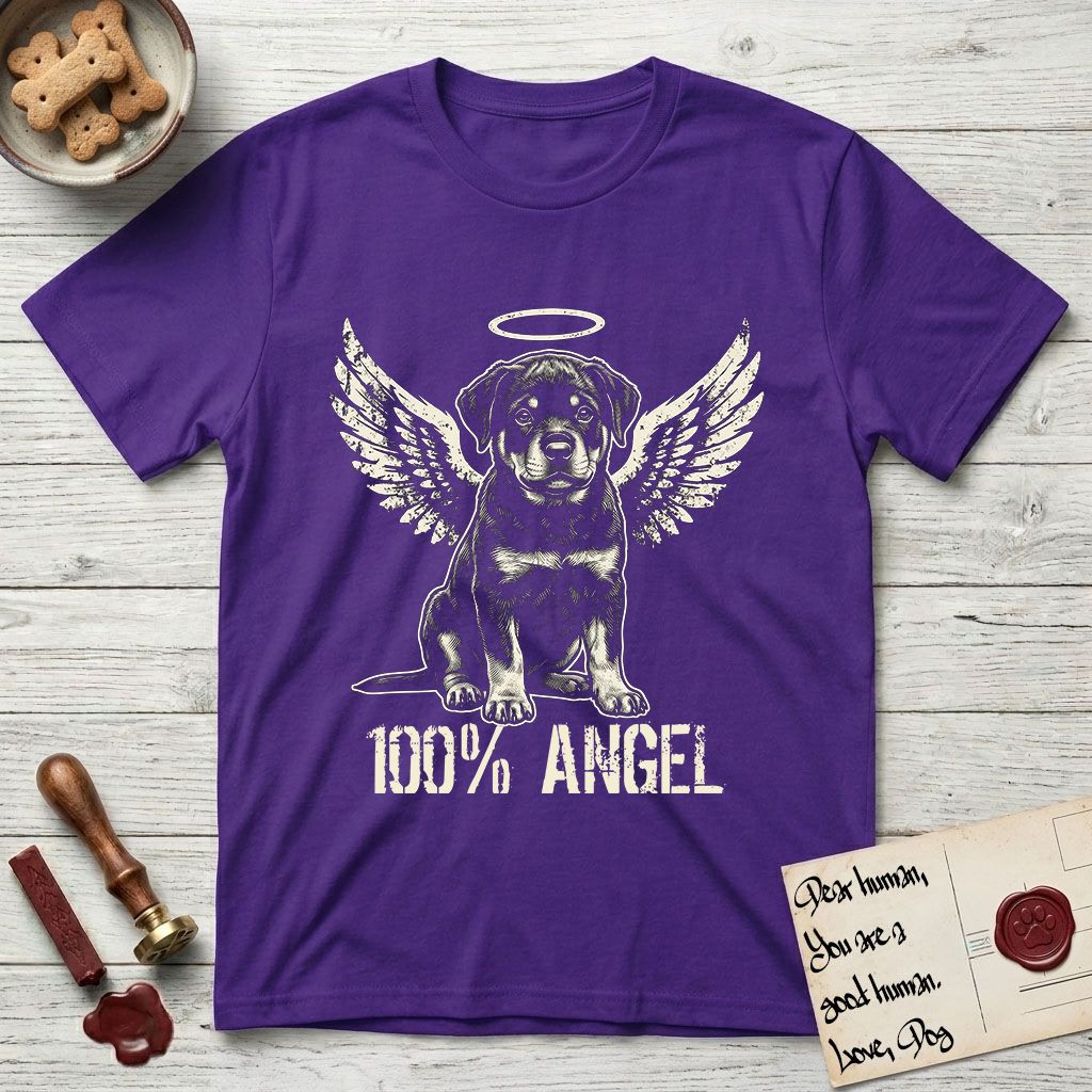 Rottweiler T-Shirt flat lay in Purple, featuring Distressed cream one-color screen-print of a Rottweiler puppy as an angel, sitting square and sturdy, wings spread and a halo above, with 100% ANGEL lettering across the bottom.