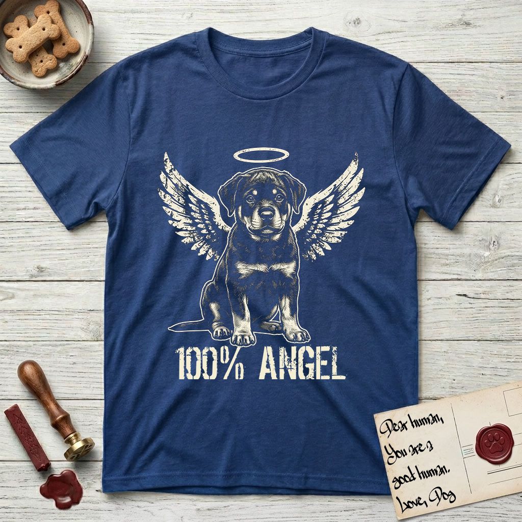 Rottweiler T-Shirt flat lay in Royal, featuring Distressed cream one-color screen-print of a Rottweiler puppy as an angel, sitting square and sturdy, wings spread and a halo above, with 100% ANGEL lettering across the bottom.