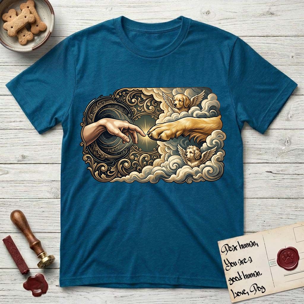 Creation of Adam T-Shirt flat lay in Antique Sapphire, featuring a baroque ornamental frame with a Golden Retriever emerging from clouds extending a paw toward a reaching human hand, a small angel beside them, and a glowing point of contact.