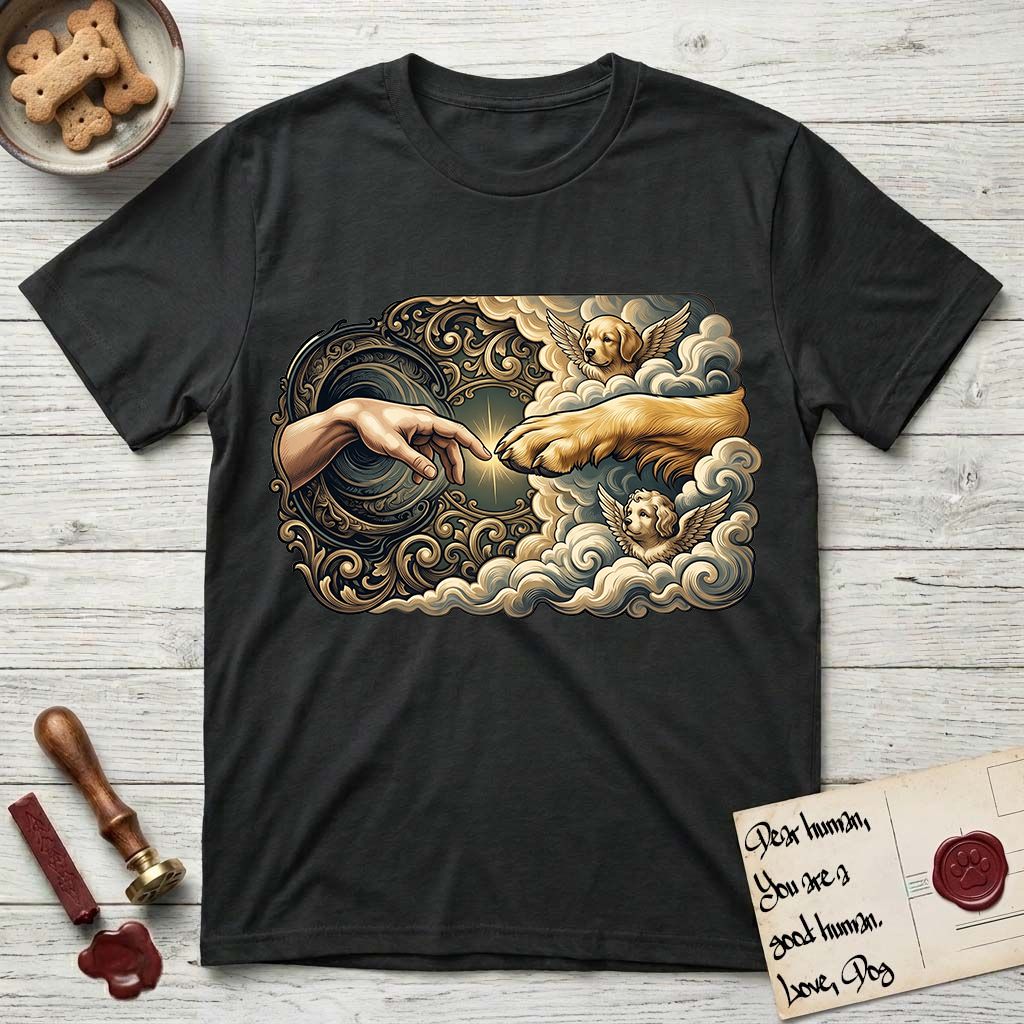 Creation of Adam T-Shirt flat lay in Black, featuring a baroque ornamental frame with a Golden Retriever emerging from clouds extending a paw toward a reaching human hand, a small angel beside them, and a glowing point of contact.