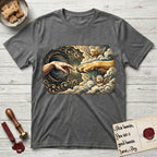 Creation of Adam T-Shirt flat lay in Dark Heather, featuring a baroque ornamental frame with a Golden Retriever emerging from clouds extending a paw toward a reaching human hand, a small angel beside them, and a glowing point of contact.