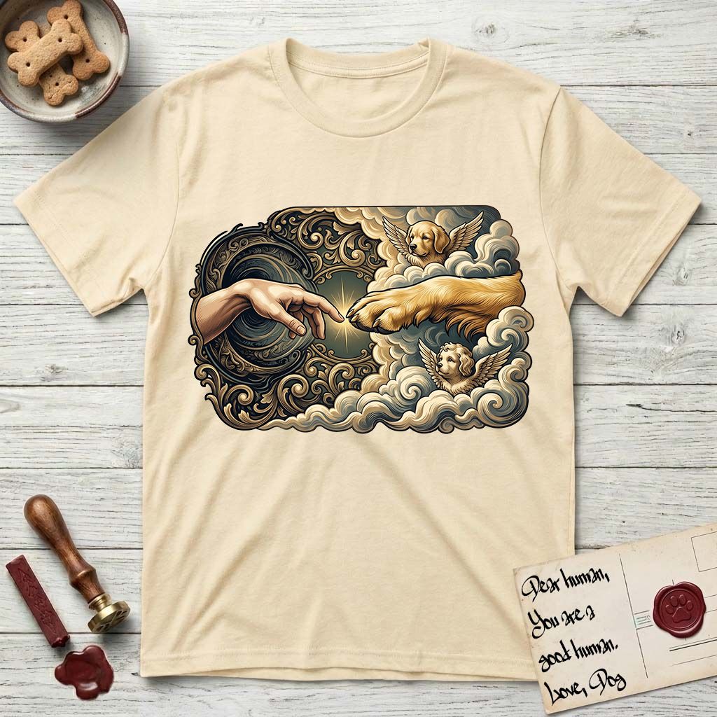 Creation of Adam T-Shirt flat lay in Natural, featuring a baroque ornamental frame with a Golden Retriever emerging from clouds extending a paw toward a reaching human hand, a small angel beside them, and a glowing point of contact.