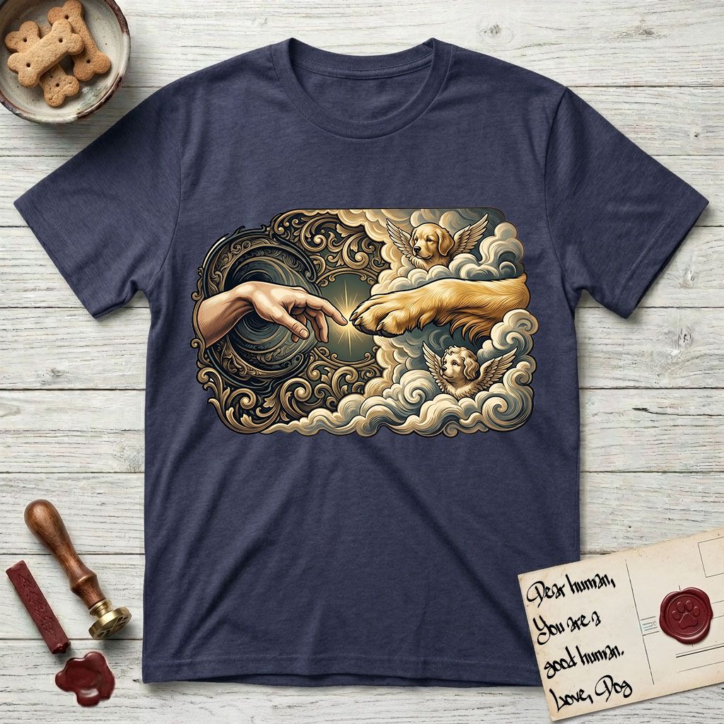 Creation of Adam T-Shirt flat lay in Navy, featuring a baroque ornamental frame with a Golden Retriever emerging from clouds extending a paw toward a reaching human hand, a small angel beside them, and a glowing point of contact.