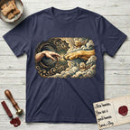 Creation of Adam T-Shirt flat lay in Navy, featuring a baroque ornamental frame with a Golden Retriever emerging from clouds extending a paw toward a reaching human hand, a small angel beside them, and a glowing point of contact.