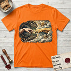 Creation of Adam T-Shirt flat lay in Orange, featuring a baroque ornamental frame with a Golden Retriever emerging from clouds extending a paw toward a reaching human hand, a small angel beside them, and a glowing point of contact.