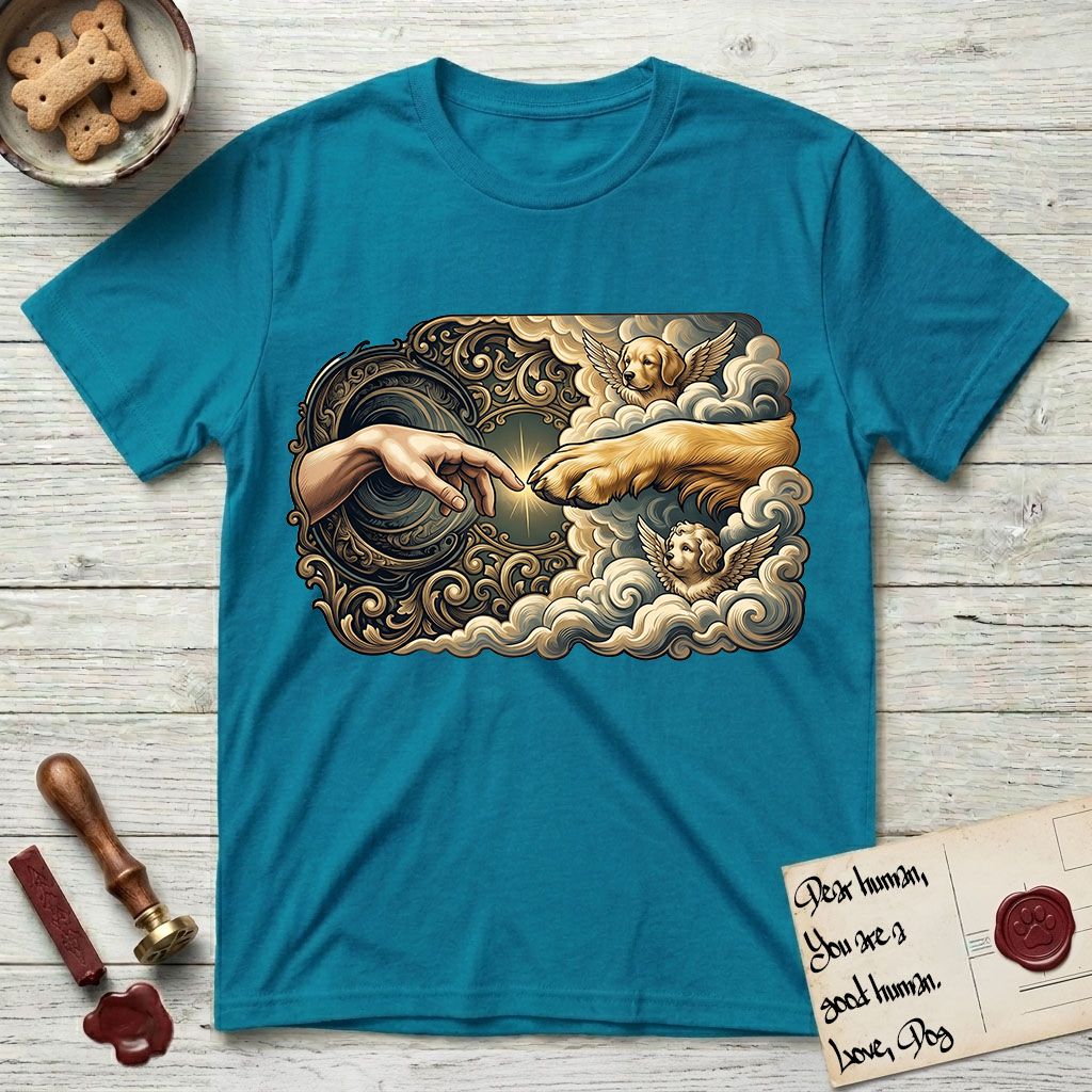 Creation of Adam T-Shirt flat lay in Tropical Blue, featuring a baroque ornamental frame with a Golden Retriever emerging from clouds extending a paw toward a reaching human hand, a small angel beside them, and a glowing point of contact.