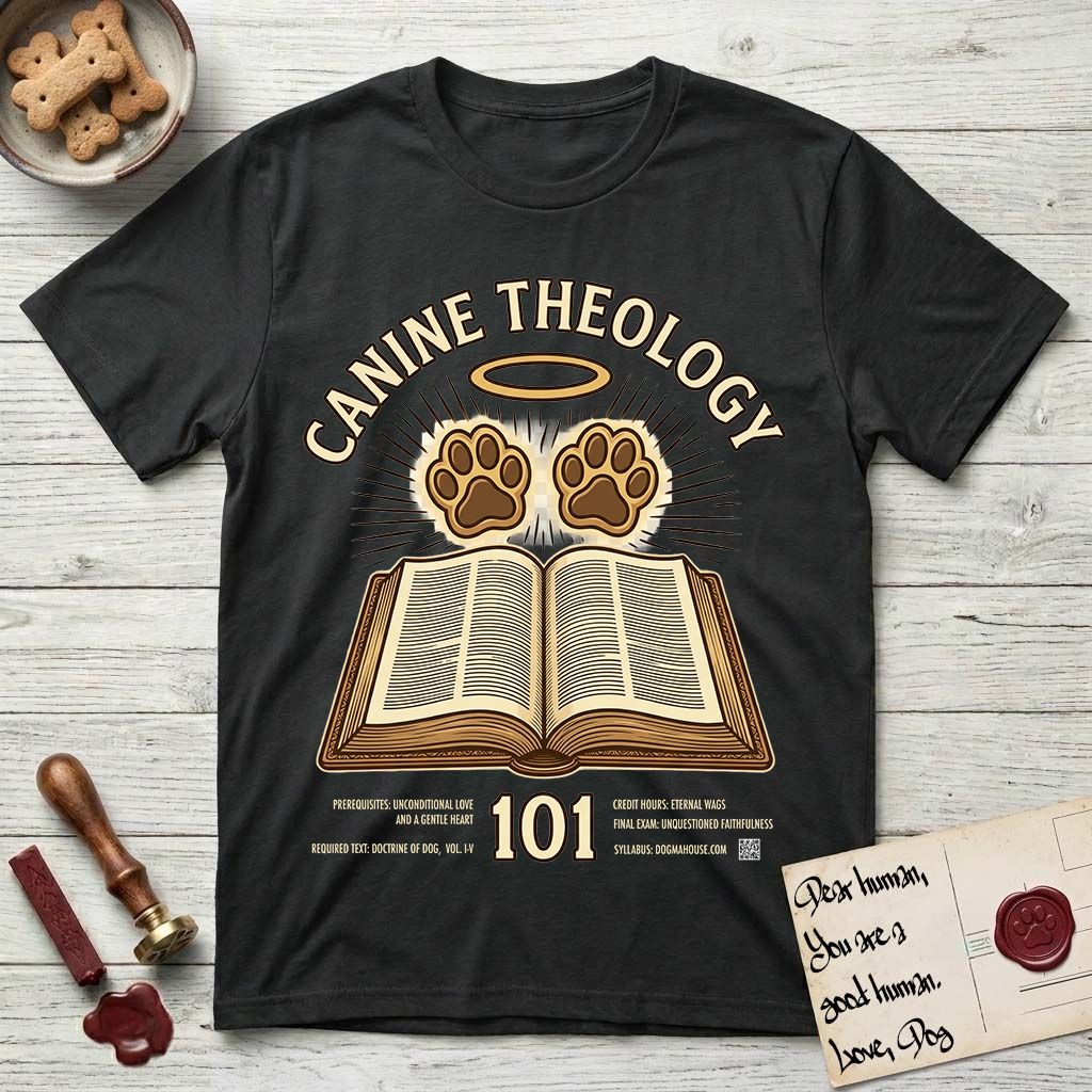 Canine Theology 101 T-Shirt flat lay in Black, featuring a cream badge with an open book and two glowing paw prints rising above it, ringed by a circular halo.