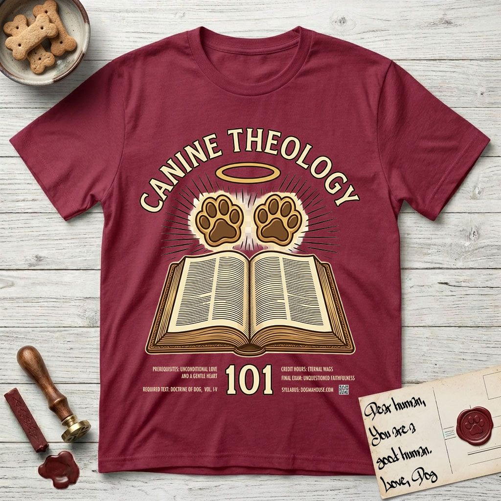 Canine Theology 101 T-Shirt flat lay in Cardinal Red, featuring a cream badge with an open book and two glowing paw prints rising above it, ringed by a circular halo.