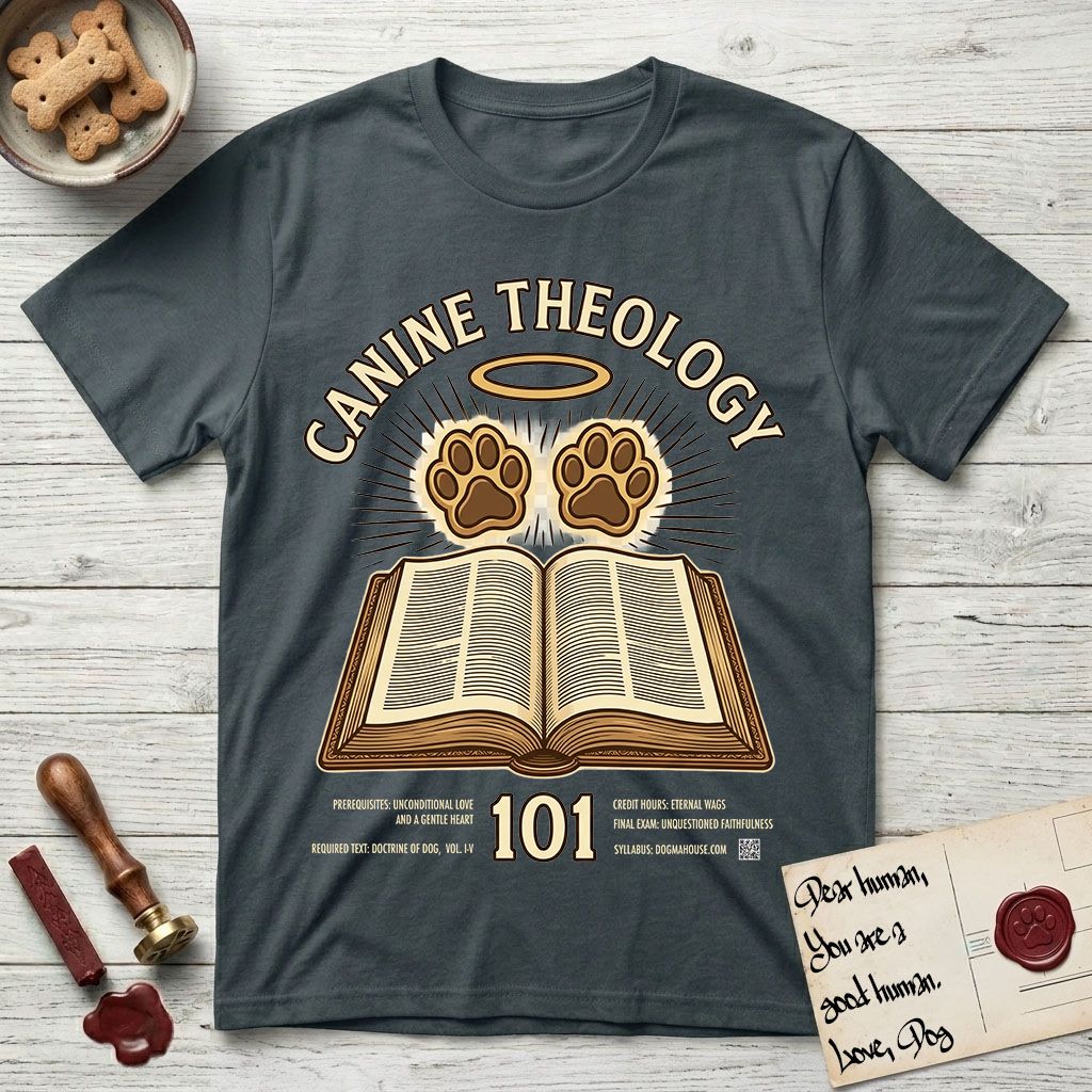 Canine Theology 101 T-Shirt flat lay in Dark Heather Grey, featuring a cream badge with an open book and two glowing paw prints rising above it, ringed by a circular halo.