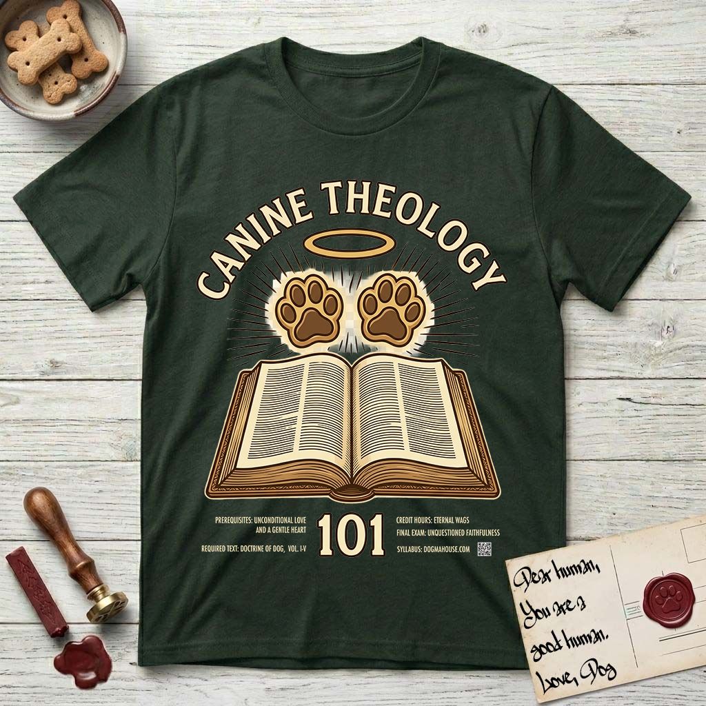 Canine Theology 101 T-Shirt flat lay in Forest Green, featuring a cream badge with an open book and two glowing paw prints rising above it, ringed by a circular halo.