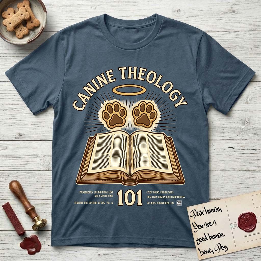 Canine Theology 101 T-Shirt flat lay in Indigo Blue, featuring a cream badge with an open book and two glowing paw prints rising above it, ringed by a circular halo.
