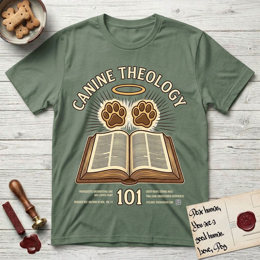 Canine Theology 101 T-Shirt flat lay in Military Green, featuring a cream badge with an open book and two glowing paw prints rising above it, ringed by a circular halo.