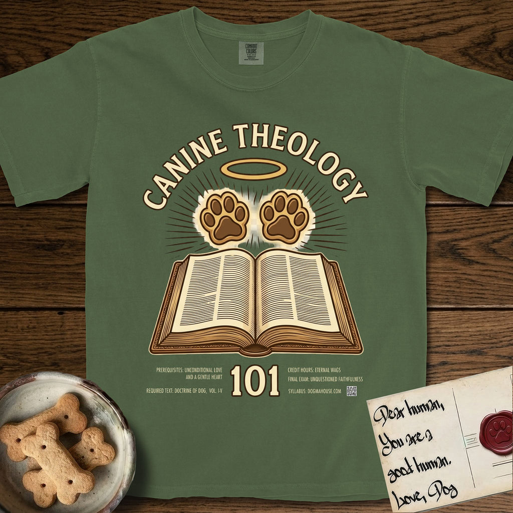Canine Theology 101 T-Shirt flat lay in Moss, featuring a cream badge with an open book and two glowing paw prints rising above it, ringed by a circular halo.