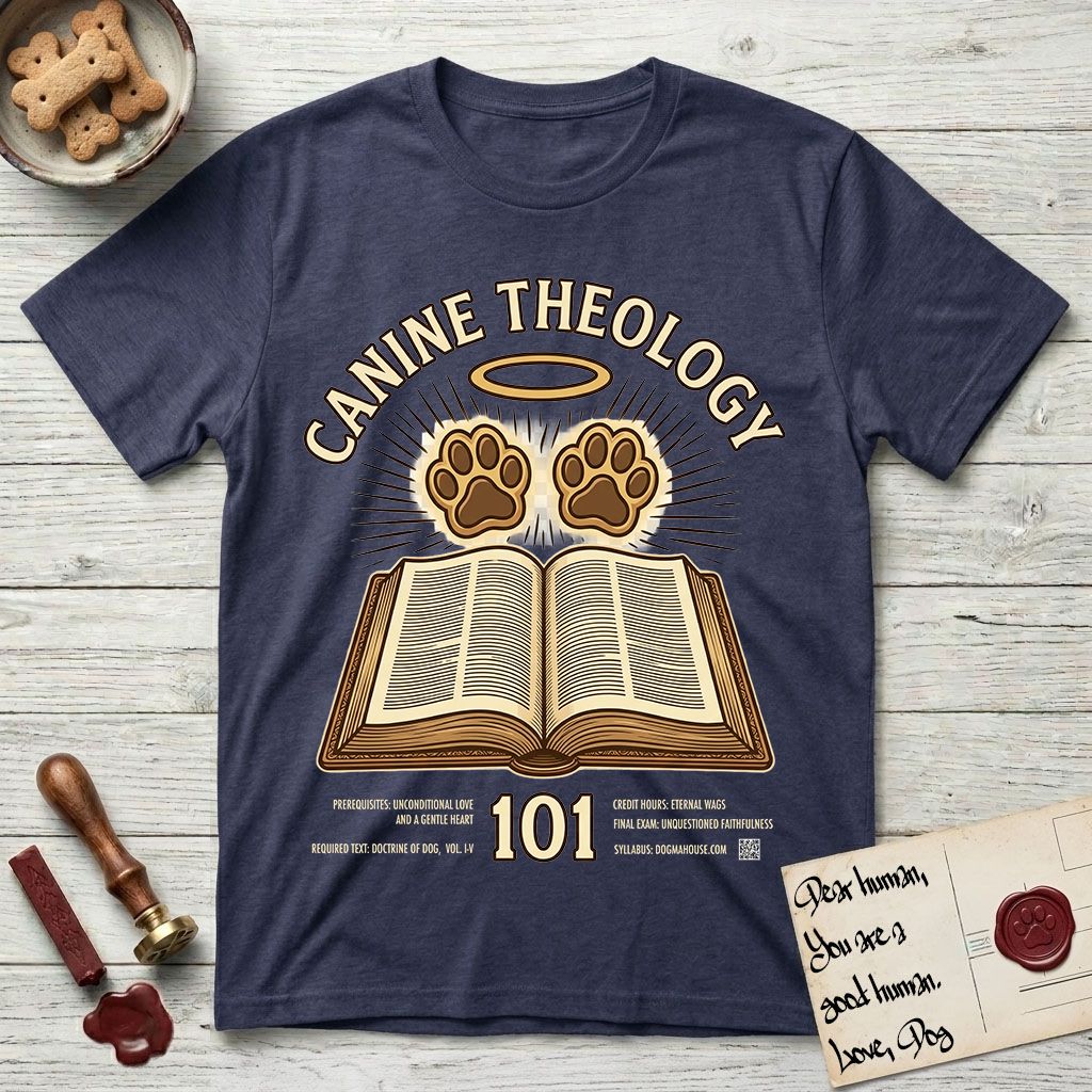 Canine Theology 101 T-Shirt flat lay in Navy, featuring a cream badge with an open book and two glowing paw prints rising above it, ringed by a circular halo.