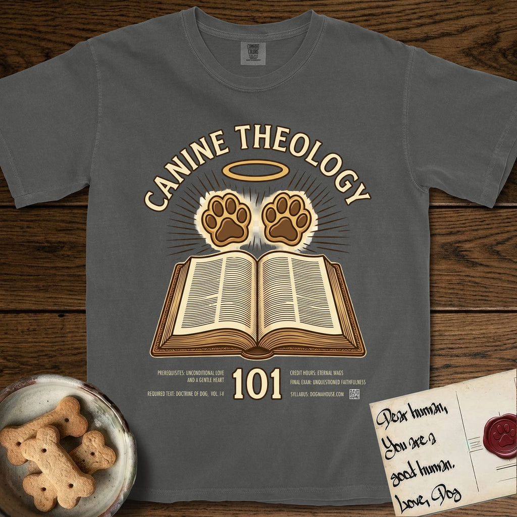 Canine Theology 101 T-Shirt flat lay in Pepper, featuring a cream badge with an open book and two glowing paw prints rising above it, ringed by a circular halo.