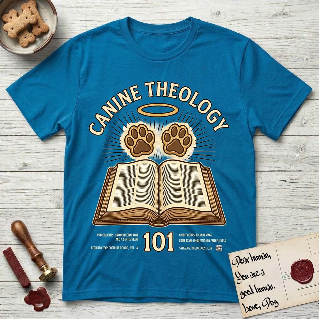 Canine Theology 101 T-Shirt flat lay in Sapphire, featuring a cream badge with an open book and two glowing paw prints rising above it, ringed by a circular halo.