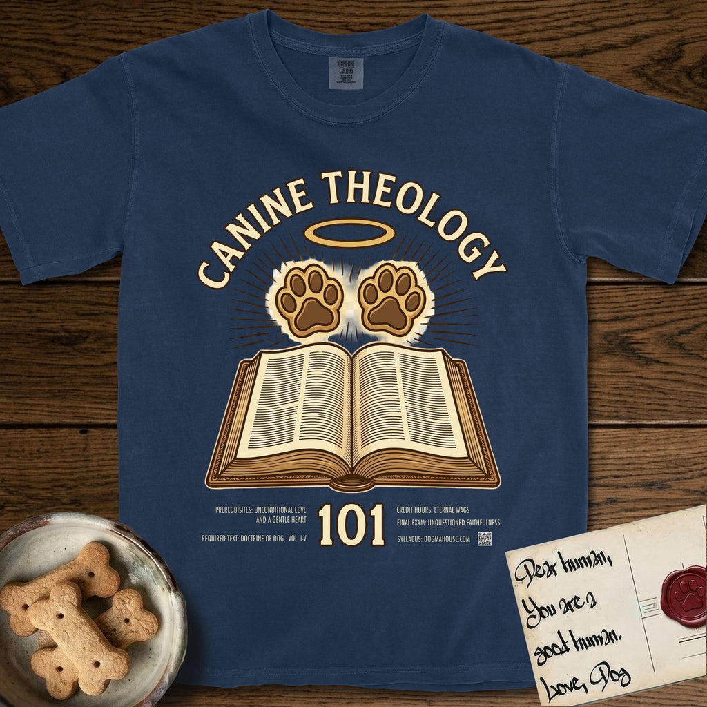 Canine Theology 101 T-Shirt flat lay in True Navy, featuring a cream badge with an open book and two glowing paw prints rising above it, ringed by a circular halo.