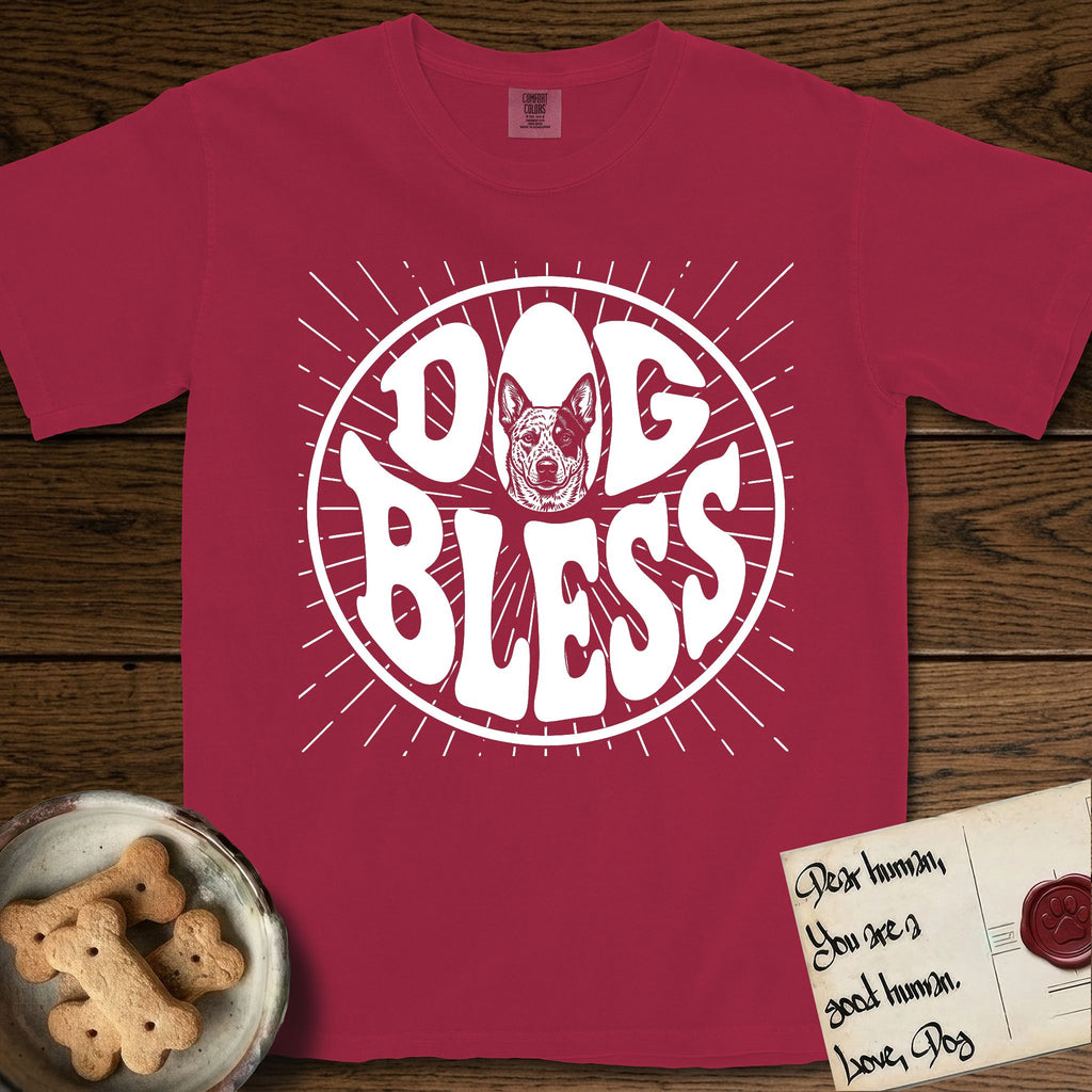 Dog Bless Australian Cattle Dog T-Shirt flat lay in Chili, featuring Retro bubble-letter badge reading DOG BLESS with a speckled Australian Cattle Dog face framed in the letter O, hand-drawn sunburst rays radiating outward.