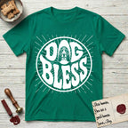 Dog Bless Basset Hound T-Shirt flat lay in Kelly Green, featuring Retro bubble-letter badge reading DOG BLESS with a long-eared Basset Hound face framed in the letter O, hand-drawn sunburst rays radiating outward.