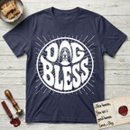 Dog Bless Basset Hound T-Shirt flat lay in Navy, featuring Retro bubble-letter badge reading DOG BLESS with a long-eared Basset Hound face framed in the letter O, hand-drawn sunburst rays radiating outward.
