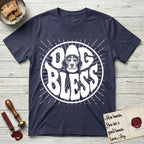 Dog Bless Beagle T-Shirt flat lay in Navy, featuring Retro bubble-letter badge reading DOG BLESS with a gentle Beagle face framed in the letter O, hand-drawn sunburst rays radiating outward.