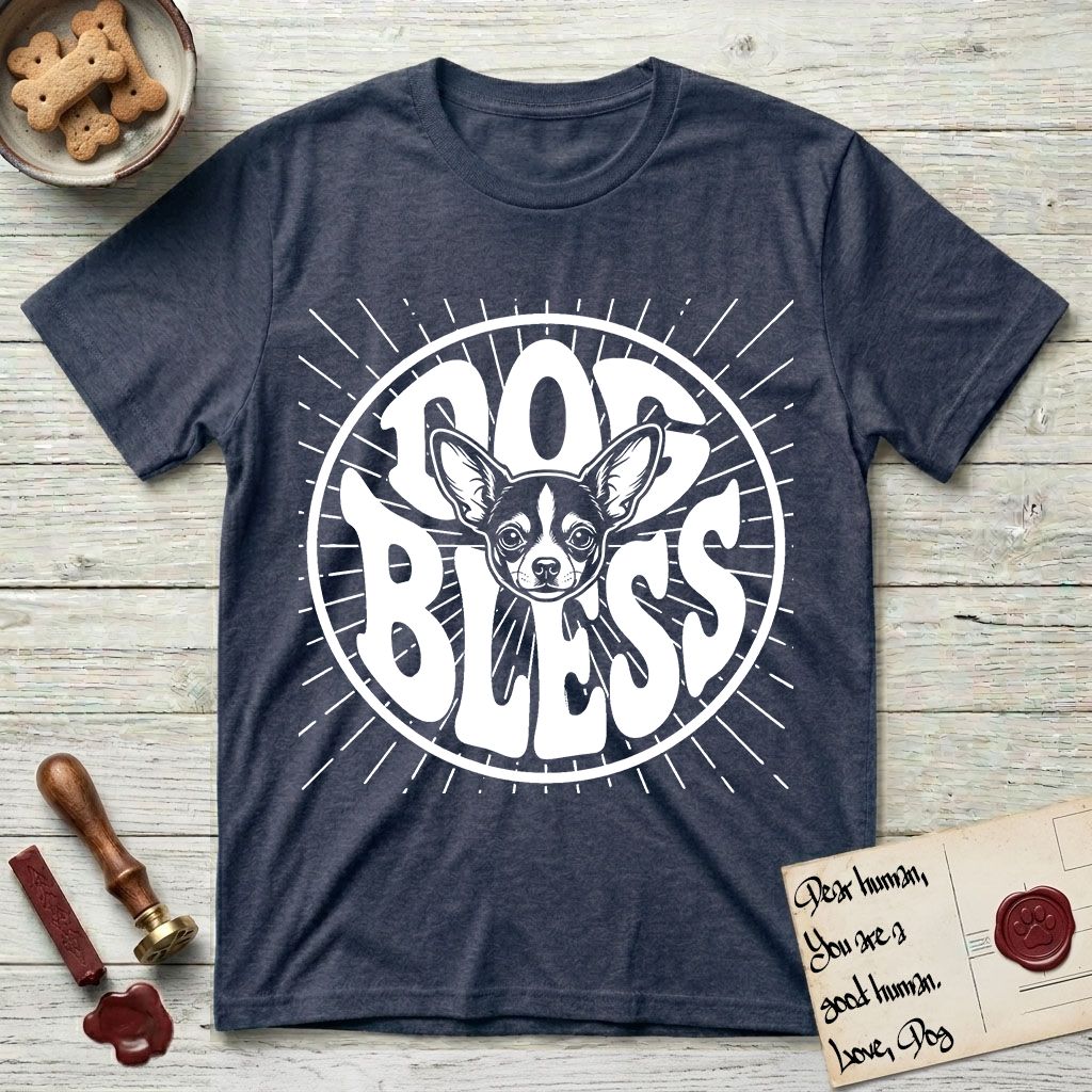 Dog Bless Chihuahua T-Shirt flat lay in Heather Navy, featuring Retro bubble-letter badge reading DOG BLESS with a wide-eyed Chihuahua face framed in the letter O, oversized ears reaching past the letter, hand-drawn sunburst rays radiating outward.