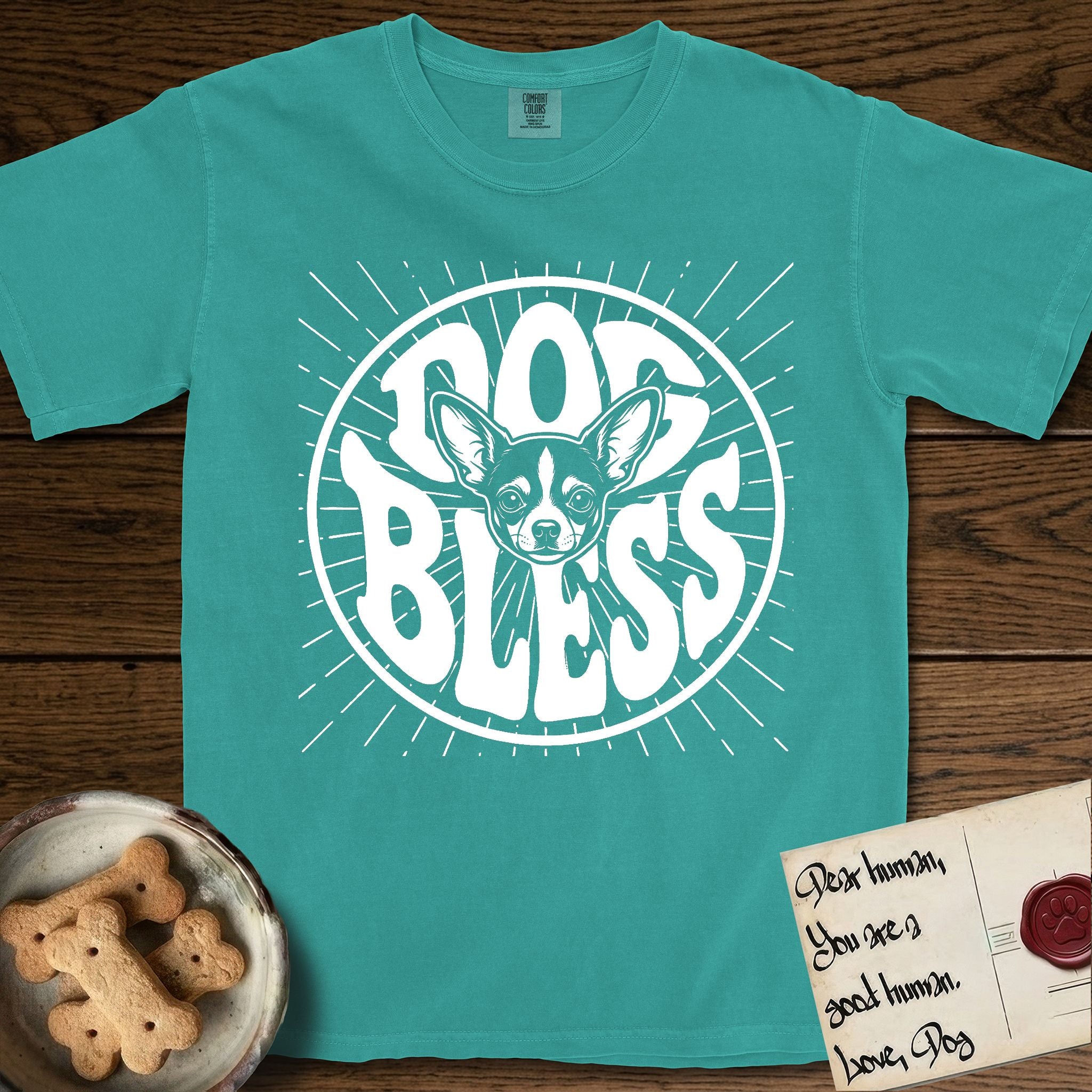 Dog Bless Chihuahua T-Shirt flat lay in Seafoam, featuring Retro bubble-letter badge reading DOG BLESS with a wide-eyed Chihuahua face framed in the letter O, oversized ears reaching past the letter, hand-drawn sunburst rays radiating outward.