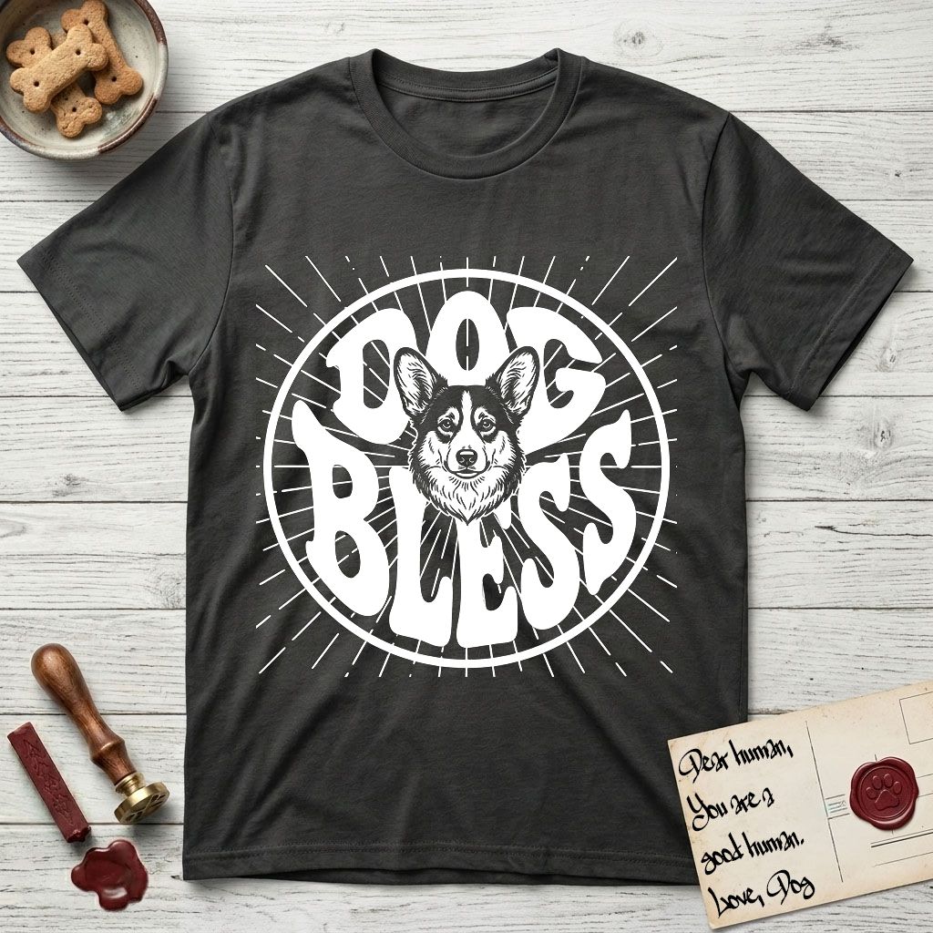 Dog Bless Corgi T-Shirt flat lay in Charcoal, featuring Retro bubble-letter badge reading DOG BLESS with a smiling Corgi face framed in the letter O, chest fluff spilling below the letter, hand-drawn sunburst rays radiating outward.