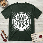 Dog Bless Corgi T-Shirt flat lay in Forest Green, featuring Retro bubble-letter badge reading DOG BLESS with a smiling Corgi face framed in the letter O, chest fluff spilling below the letter, hand-drawn sunburst rays radiating outward.