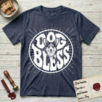 Dog Bless Corgi T-Shirt flat lay in Heather Navy, featuring Retro bubble-letter badge reading DOG BLESS with a smiling Corgi face framed in the letter O, chest fluff spilling below the letter, hand-drawn sunburst rays radiating outward.