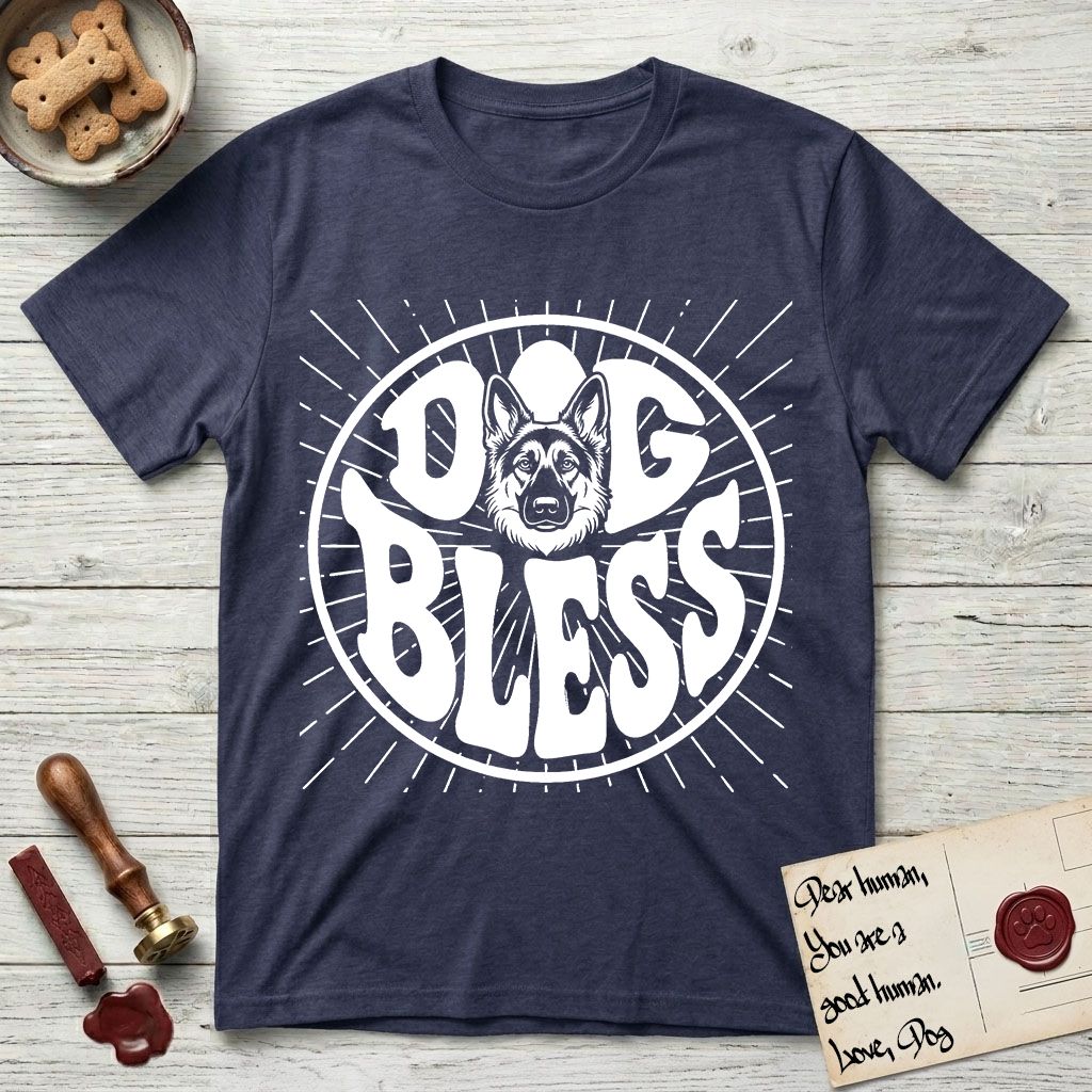 Dog Bless German Shepherd T-Shirt flat lay in Navy, featuring Retro bubble-letter badge reading DOG BLESS with a German Shepherd face with tall upright ears framed in the letter O, hand-drawn sunburst rays radiating outward.